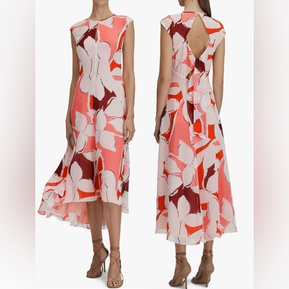 NEW Reiss Chiffon Becci Floral chiffon High-Low Midi open Back Dress Sz 8
